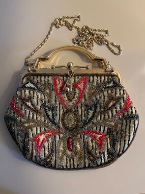 Embellished Floral Beaded Evening Clutch in Gold and Pink